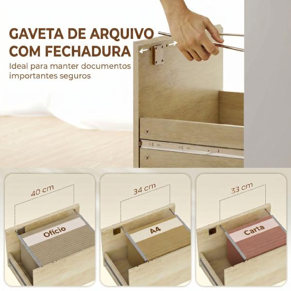 Secretária de Escritório com 4 Prateleiras e Gaveta de Arquivo A4 com Fechadura e 2 Chaves para Espaços Pequenos, Carvalho