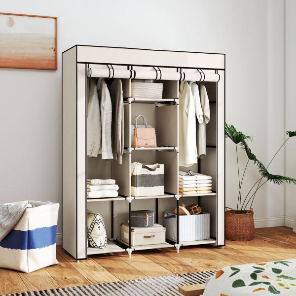 Roupeiro de Tecido Dobrável com 8 Prateleiras de Armazenamento e 2 Barras de Pendurar 125x43x162,5cm Creme