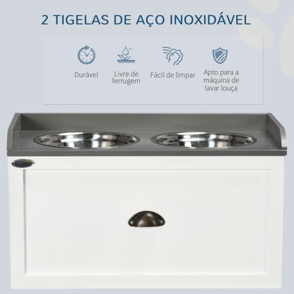 Comedouro Elevado para Cães com 2 Tigelas 2000ml de Aço Inoxidável Gaveta Oculta com Suporte de Madeira 60x30x36cm Branco