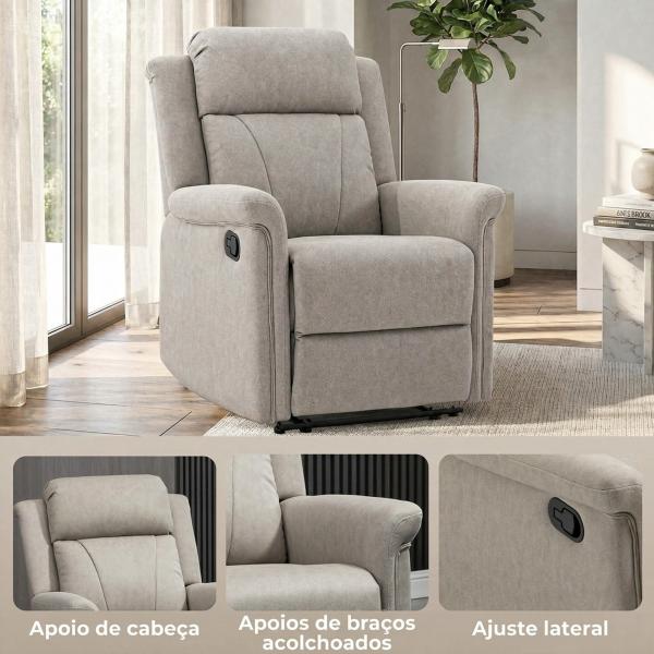 Poltrona Relax Reclinável até 135º com Apoio para os Pés Encosto Alto 78x96x102 cm Cinza