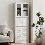 Armário de Casa de Banho Alto com Portas de Vidro Portas de Ripas e Prateleiras Ajustáveis 60x30x170 cm Branco