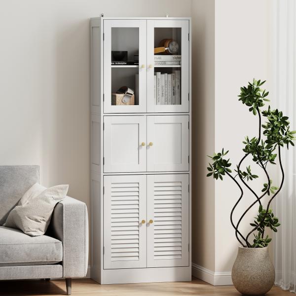 Armário de Casa de Banho Alto com Portas de Vidro Portas de Ripas e Prateleiras Ajustáveis 60x30x170 cm Branco