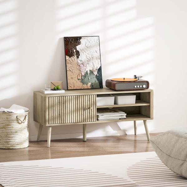 Móvel de TV para Televisão até 55 Polegadas com Porta Acanalada Prateleira Ajustável Compartimentos Abertos 115x35x49 cm Carvalho