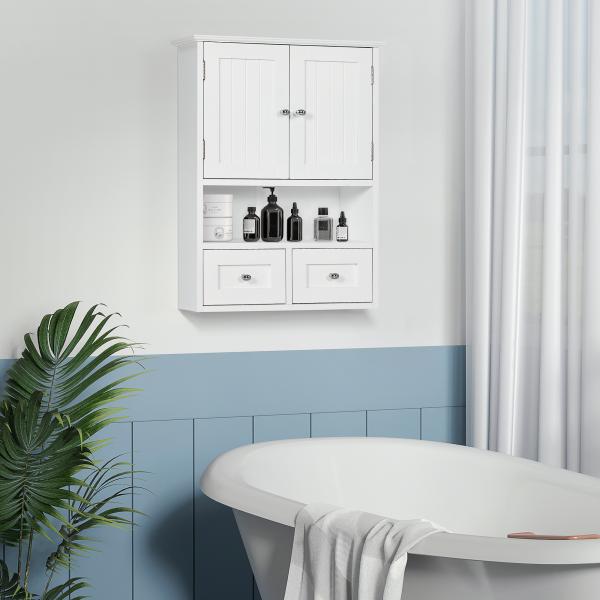 Armário de Parede para Casa de Banho com 2 Portas Prateleira Aberta e 2 Gavetas Estilo Moderno 50,8x17,8x66 cm Branco