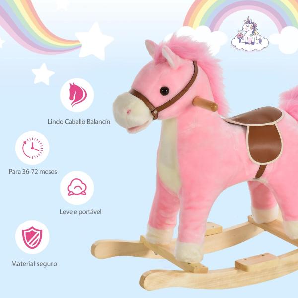 Cavalo Baloiço para Crianças Cavalo Baloiço de Pelúcia Suave com Música Relinchos Sons de Galope Boca e Cauda Móveis 65x32,5x61 cm Rosa