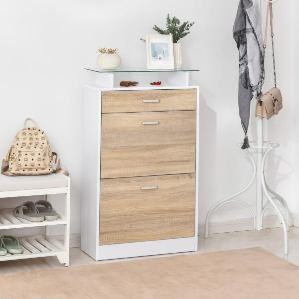 Sapateira de 2 Portas Sapateira Estreito para 12 Pares de Sapatos com Gaveta e Bancada de Vidro 60x24x105,5cm Branco