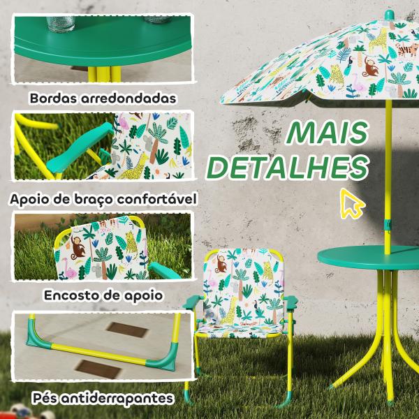 Conjunto Infantil de Mesa e Cadeiras de Jardim de 4 Peças Cadeiras Dobráveis Chapéu de Sol Desmontável Design de Selva Verde