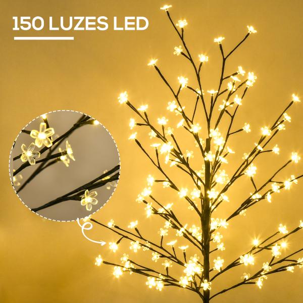 Árvore Cerejeira com 150 Luzes LED IP44 Branco Quente Árvore Decorativa com Ramos Flexíveis para Interior 17x17x150cm Preto