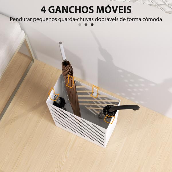Suporte para Guarda - Chuvas de Aço Galvanizado Estreito com Bandeja de Gotejamento Removível 4 Ganchos 28x14x41 cm Branco