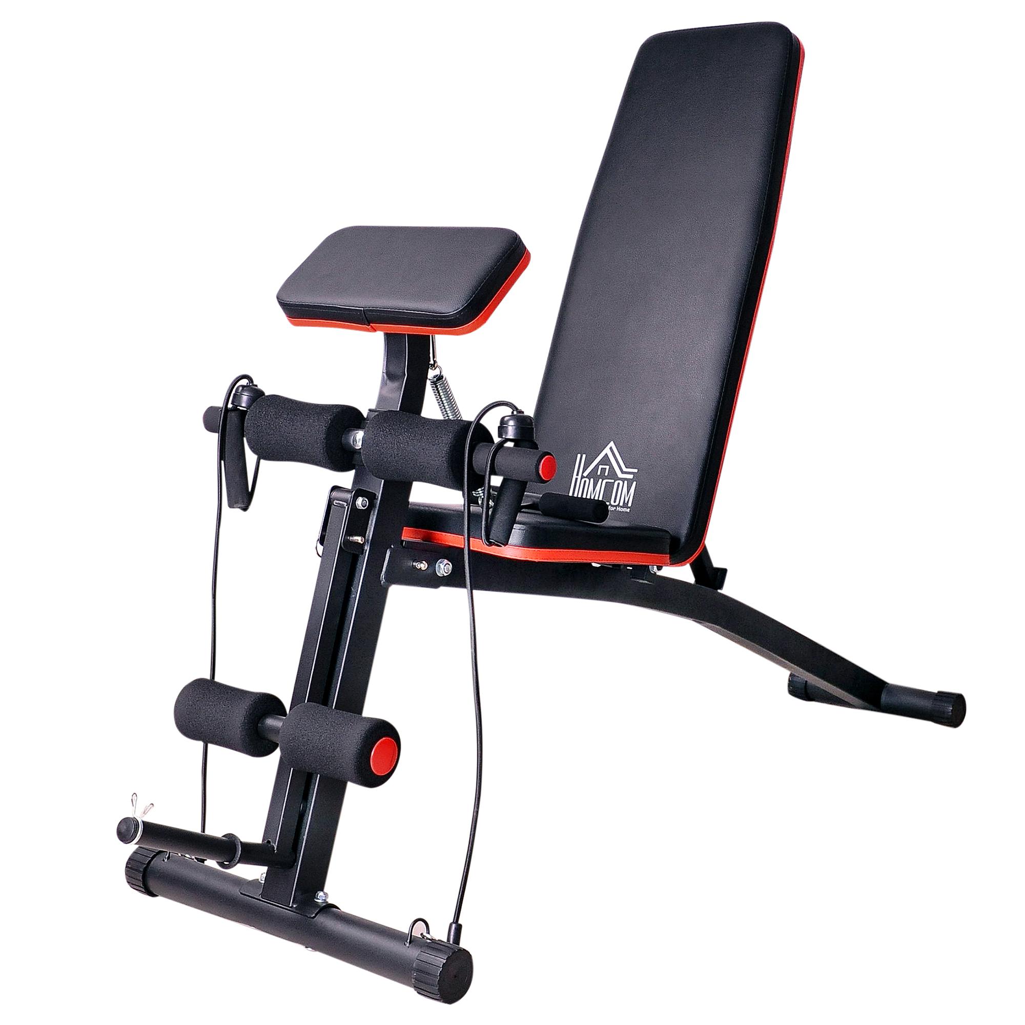 Banco de Musculação com Encosto Ajustável em 7 Posições Extensão de Pernas Apoio para Bíceps e Banda de Resistência para Treino Completo em Casa 54x160x106cm Preto e Vermelho