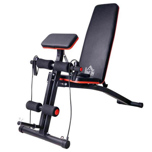 Banco de Musculação com Encosto Ajustável em 7 Posições Extensão de Pernas Apoio para Bíceps e Banda de Resistência para Treino Completo em Casa 54x160x106cm Preto e Vermelho
