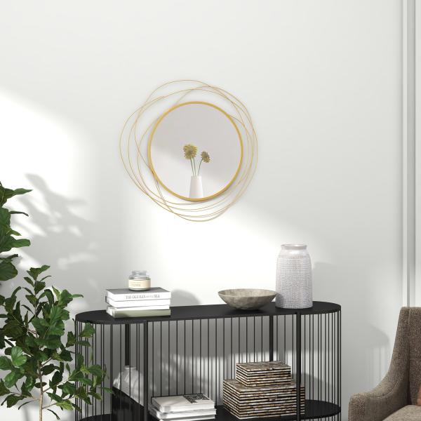Espelho Decorativo de Parede Adorno de Parede Metálico Ø65 cm com Ganchos para Sala de Estar Quarto Corredor Dourado