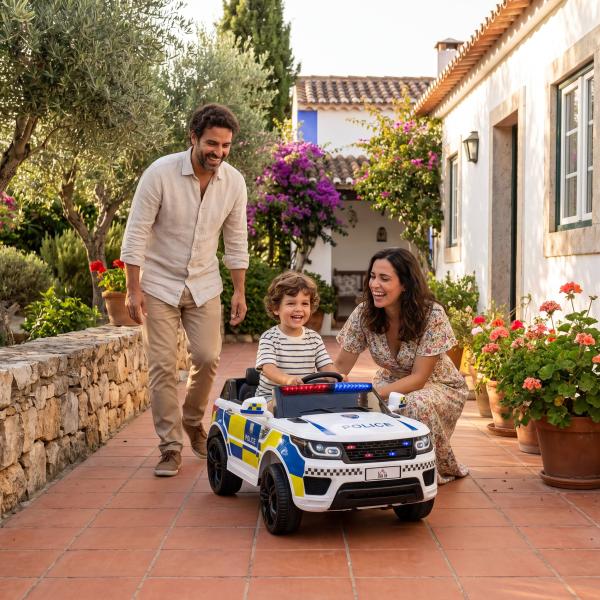 Carro Elétrico Crianças 12V Policial com Bluetooth USB Luz Sirene 110x68x52 cm Brincar Infantil Branco