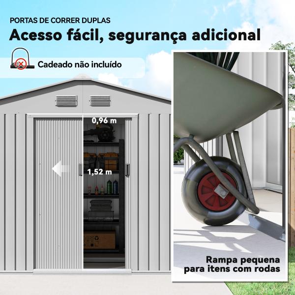 Abrigo de Jardim Exterior 4,9 m² 277x195x192cm Abrigo e Jardim Metálico para Armazenamento de Ferramentas Cinzento