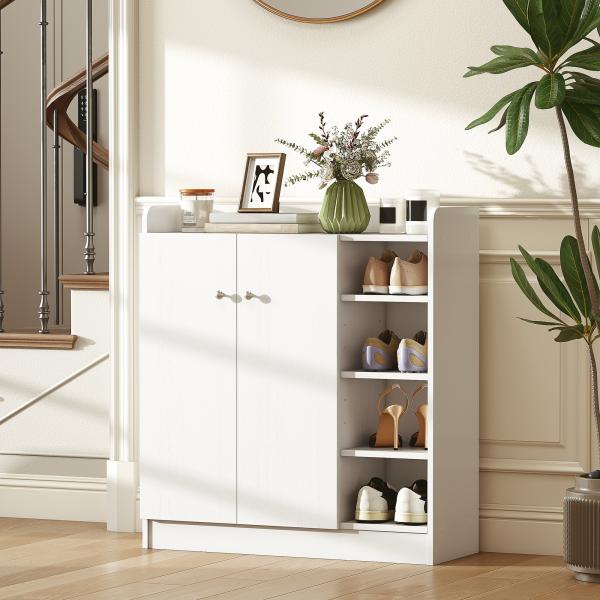 Sapateira Armário Multiuso com 2 Portas Prateleiras Interiores e 4 Prateleiras Exteriores com Altura Ajustável 83x30x90 cm Branco