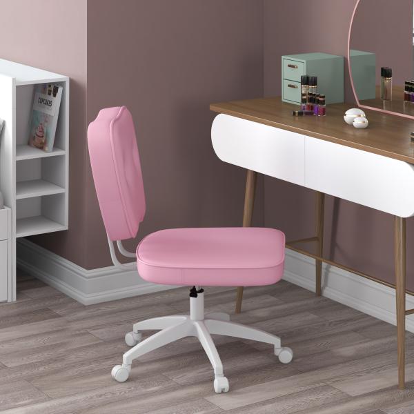 Cadeira de Escritório Estofada em PU com Altura Ajustável Sem Braços Cadeira de Estudo Dormitório 46x59x82 - 92 cm Rosa