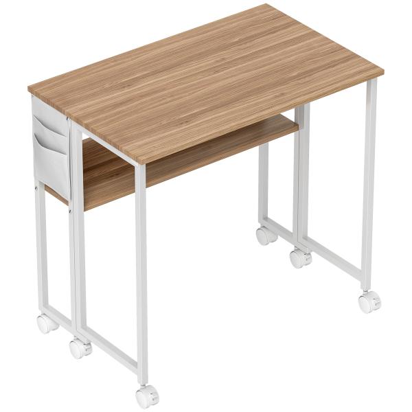 Secretária Dobrável com Rodas e Prateleira Mesa Secretária Compacta com Bolsa de Armazenamento 80x50x75 cm Madeira e Branco