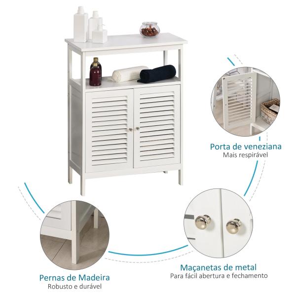 Armário Casa de Banho com 2 Portas Persianas e Compartimento Aberto Desenho Moderno 60x30x81,6 cm Branco
