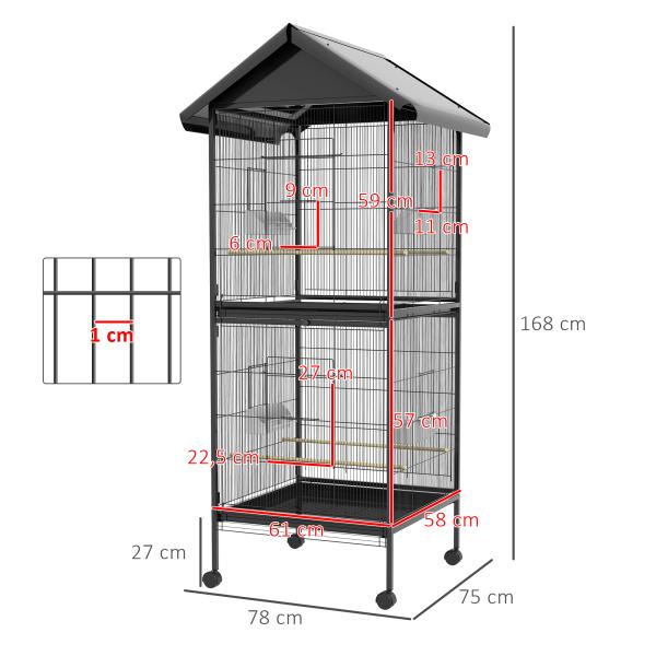 Gaiola para Pássaros Convertível em Somente Uma com Rodas 4 Comedouros e 4 Poleiros e Bandejas Amovíveis 78x75x168 cm Preto