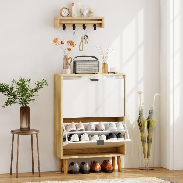 Sapateira Estreita com 2 Portas em Branco Brilhante e Estantes Ajustáveis Pés de Madeira para 12 Pares de Sapatos 60x24x91 cm