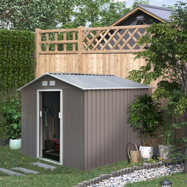 Abrigo de Jardim Exterior 4,83m² 277x195x192cm Abrigo e Jardim Metálico para Armazenamento de Ferramentas com Base Incluída e 4 Janelas Cinza