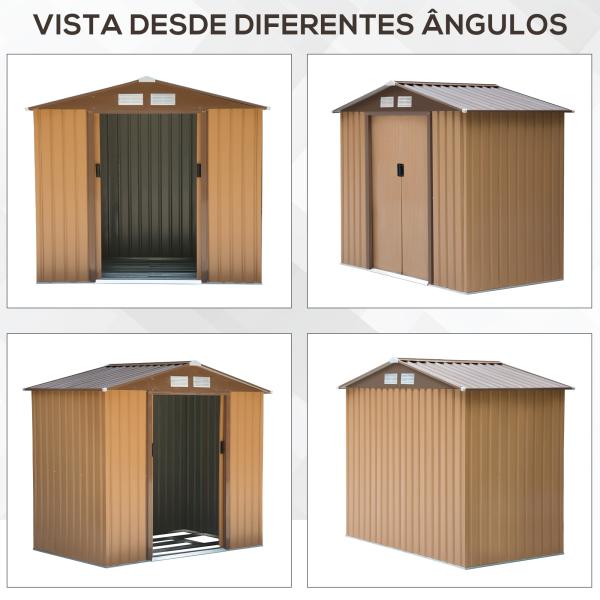 Abrigo de Jardim 213x130x185cm Abrigo de Jardim Metálico de Exterior com 2 Portas Deslizantes e 4 Janelas Marrom Claro