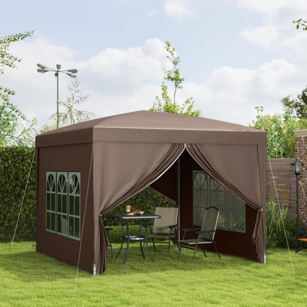 Tenda de Jardim com Paredes Laterais Amovíveis Janelas Porta com Fecho de Correr e Bolsa de Transporte 295x295x196 - 258 cm Café