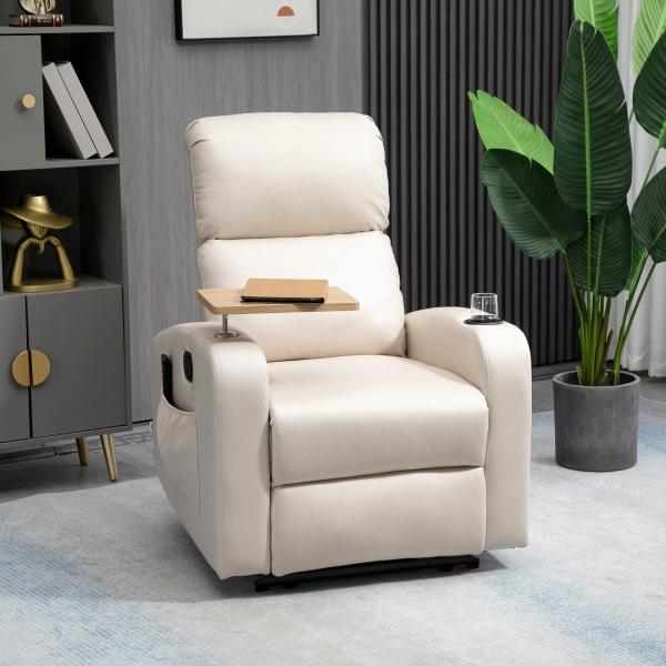 Poltrona de Massagem Poltrona Relax Elétrica com 4 Modos de Vibração Reclinação 145° Estofada em Microfibra Controlo Remoto Mesa 2 Bolsos Laterais e Suporte para Copos 77x93x105cm Bege