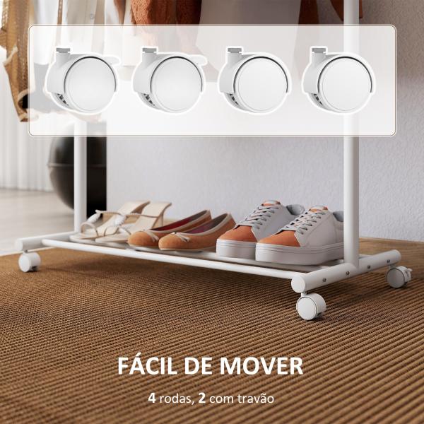 Charriot com Rodas 5 Ganchos Barra para Pendurar e Prateleira Inferior 86x43x171 cm Branco