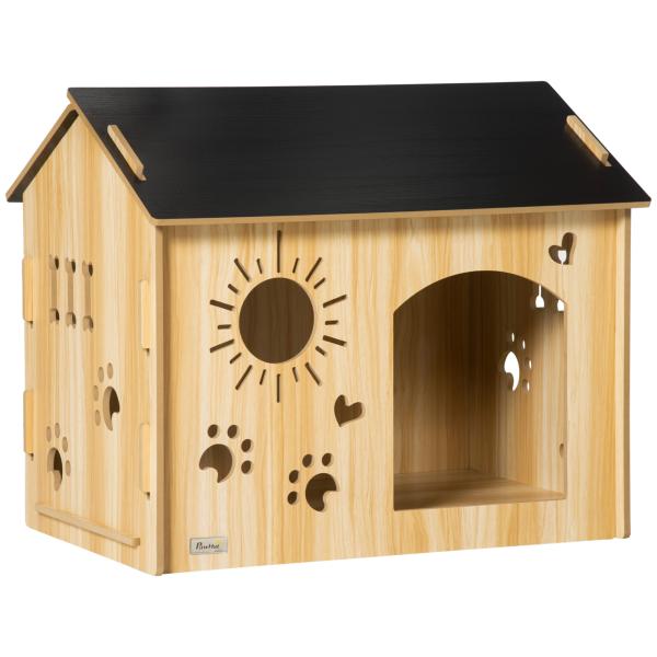 Casa de Madeira para Cães Casa para Animais de Estimação com Porta Dianteira Desenhos 69x50x58,5cm Madeira e Preto