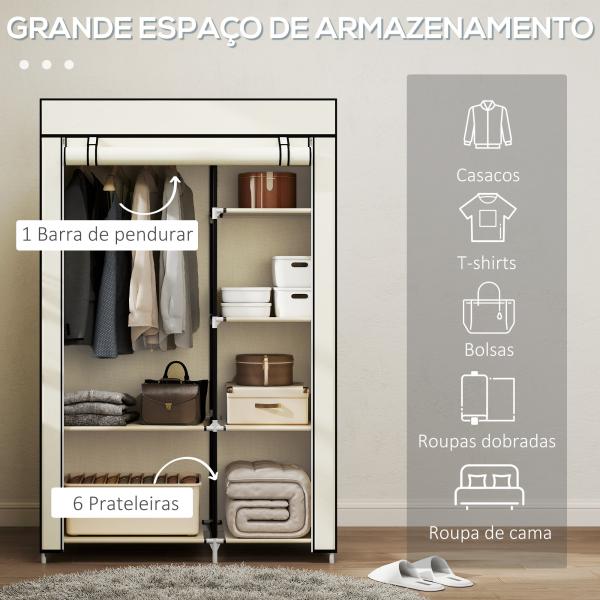 Roupeiro de Tecido Dobrável com 6 Prateleiras e 1 Barra de Pendurar para Dormitório Vestidor 103x43x162,5cm Creme