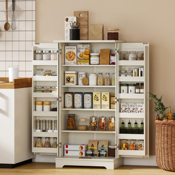 Armário Despenseiro de Cozinha com 2 Portas, 16 Prateleiras e Prateleira Ajustável para Sala de Jantar e Sala de Estar, 60x40x120 cm, Creme