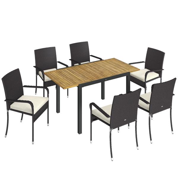 Conjunto de Mesa e Cadeiras de Jardim em Vime 7 Peças com Mesa Extensível em Madeira e 6 Cadeiras Empilháveis Creme