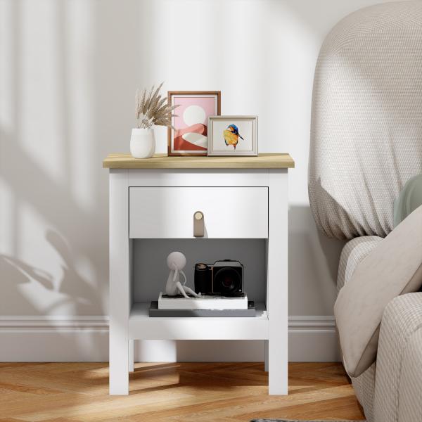 Mesa de Cabeceira Moderna Mesa de Cabeceira com 1 Gaveta Compartimento Aberto Puxador de PU 45x40x55 cm Branco