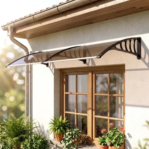 Marquise Exterior para Portas e Janelas 200x96 cm com Barra de Liga de Alumínio, PP e Policarbonato, Castanho