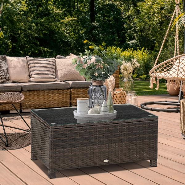 Mesa de Centro Jardim de Vime Sintético Mesa de Apoio para Exterior com Vidro Temperado 85x50x39 cm Marrom