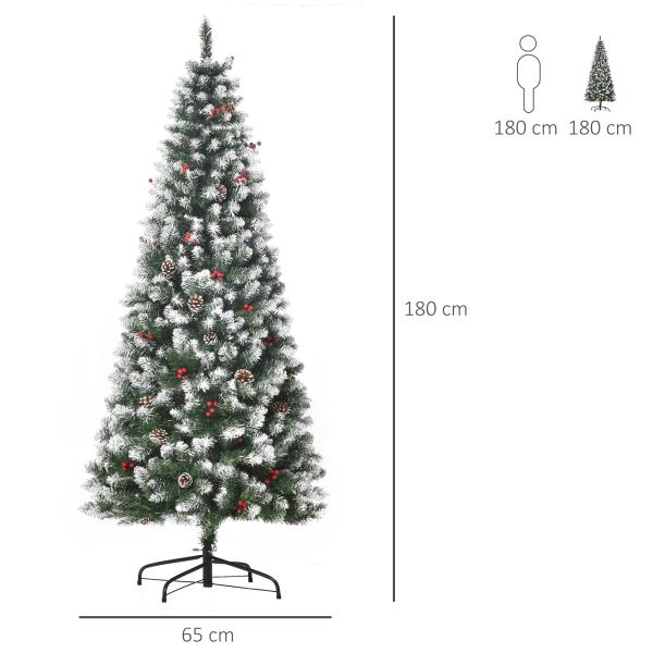 Árvore de Natal Artificial 180 cm Ignífugo com 618 Ramos 34 Bagas 30 Pinhas Folhas de PVC e Suporte Metálico Ø65x180cm Verde