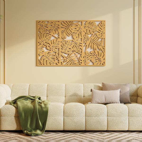 Decoração de Parede de Madeira 3D 3 Peças 40x80 cm Adornos com Padrão de Folhas Tropicais Madeira