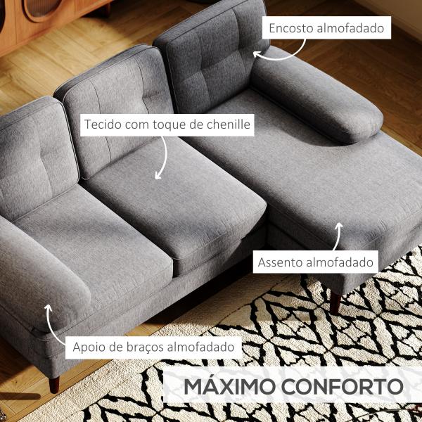 Sofá de Canto com Chaise Longue em Forma de L Estofado em Poliéster para Sala Capacidade 250 kg 215x142x88 cm Cinza