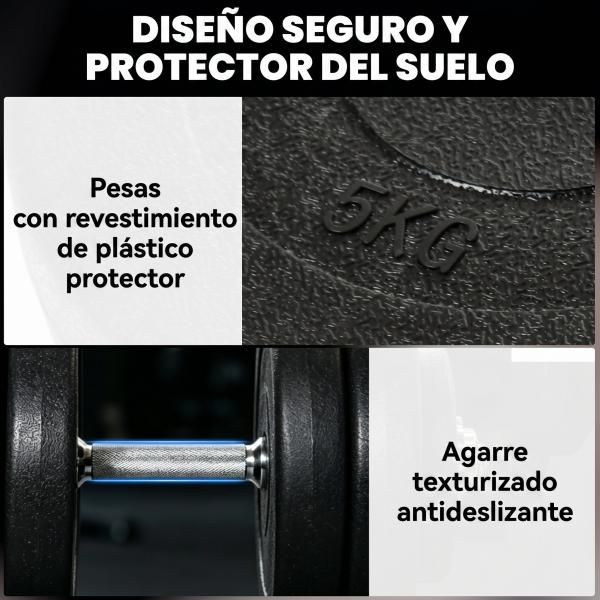 Conjunto de Halteres Ajustáveis Conjunto de Pesos 8x5kg 4x1,5kg e 2 Barras Total 50 kg Preto