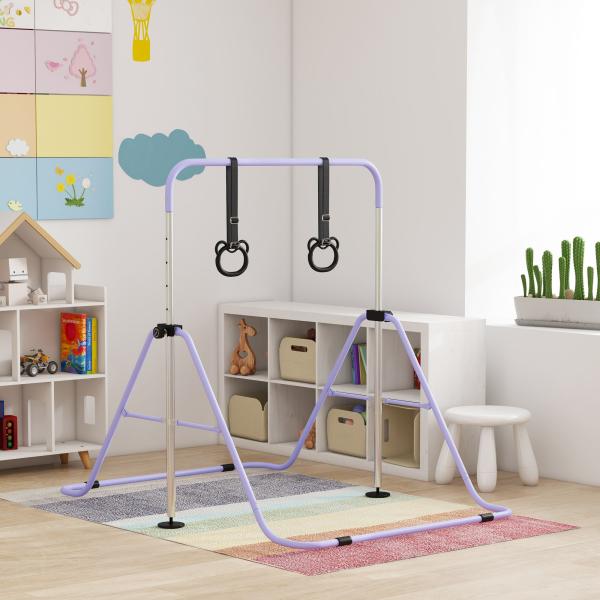 Barra de Ginástica Infantil Altura Ajustável em 5 Níveis e Anéis Dobrável para Casa Roxo