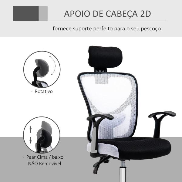 Cadeira de Escritório Ergonômica Cadeira de Escritório Giratória com Altura Ajustável Função Reclinável Apoio para a Cabeça e Suporte Lombar 65x67x108 - 118cm Branco
