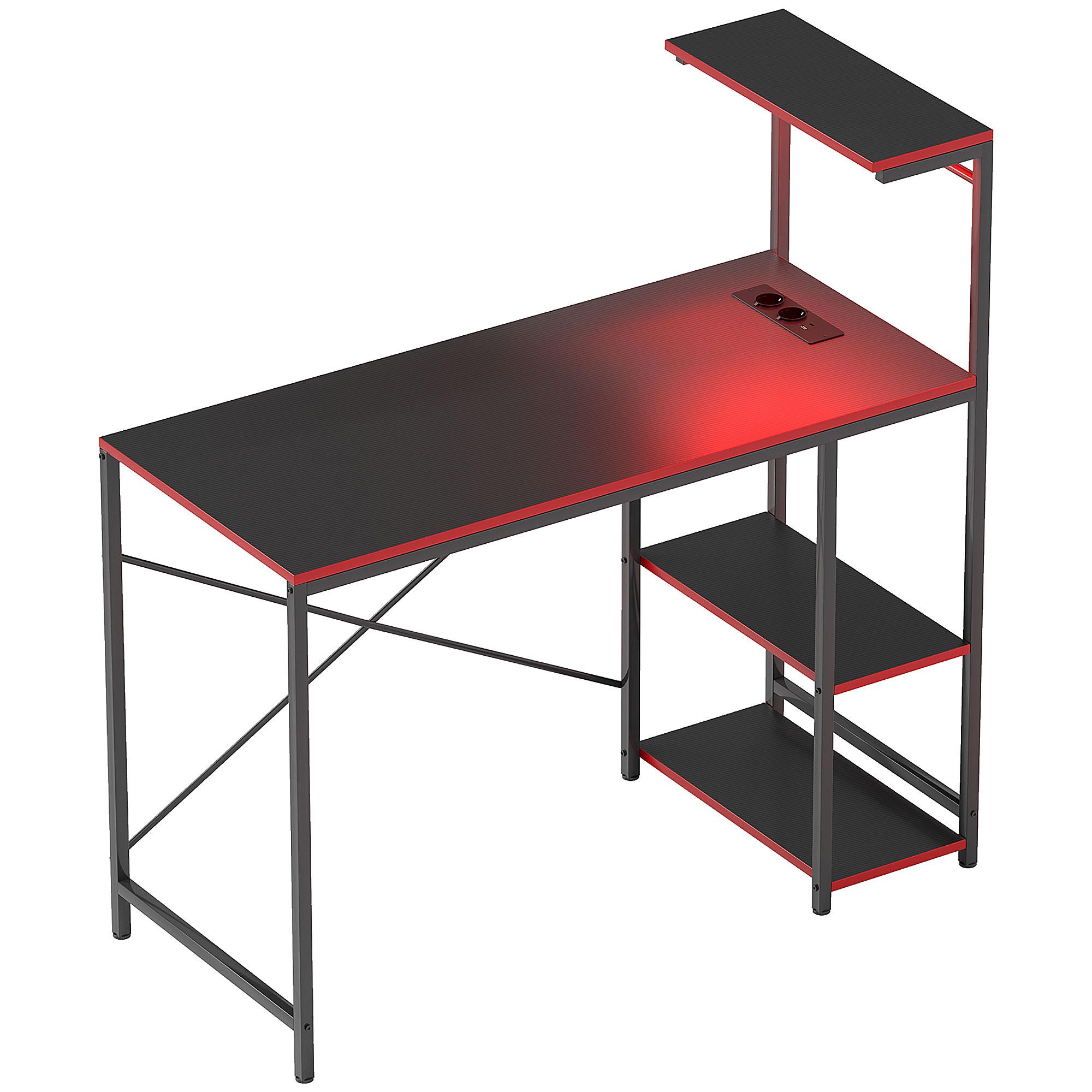 Secretária Gaming com Luzes LED 100x50 cm Secretária Gaming de Fibra de Carbono com Tomadas de Corrente e Controlo Remoto Preto