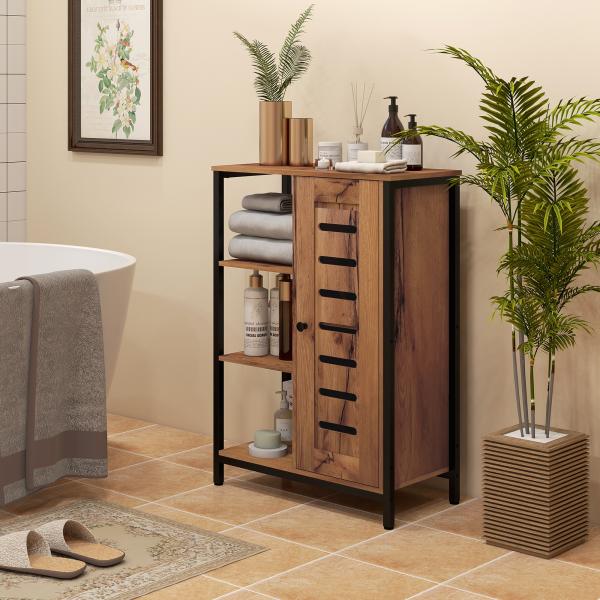 Móvel Auxiliar Casa de Banho com Porta de Ripas 3 Compartimentos Abertos Prateleira Ajustável 60x30x85 cm Castanho Rústico