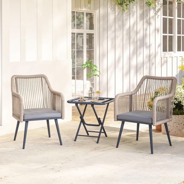 Conjunto de 2 Cadeiras de Jardim Exterior em Vime com Almofadas Apoios de Braço e Estrutura de Aço 54x65x80 cm Cinza
