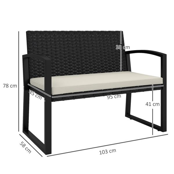Banco de Jardim em Vime Sintético de 2 Lugares Banco de Exterior com Almofada 103x58x78 cm Preto e Bege