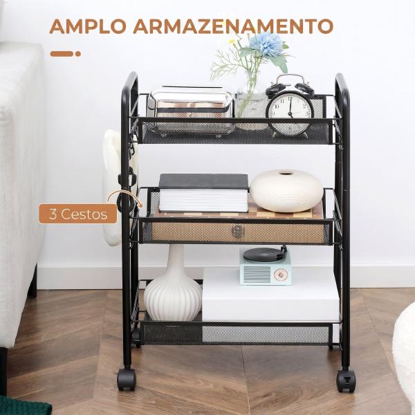 Carrinho de Cozinha em Aço com 3 Cestos e Rodas, Suporta 9 kg, Cozinha, Casa de Banho e Lavandaria 45x26,5x63 cm, Preto