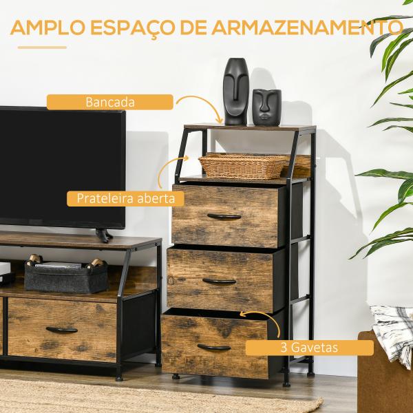 Cómoda com 3 Gavetas de Tecido Dobrável e Prateleira Móvel de Armazenamento Estilo Industrial 44x29x92cm Marrom Rústico