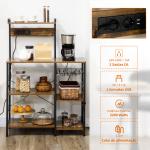Estante de Cozinha com Ficha 2 Carregadores Prateleira Ajustável USB 5 Gancho em S e Cesta Amovível 90x42x130 cm Marrom Rústico