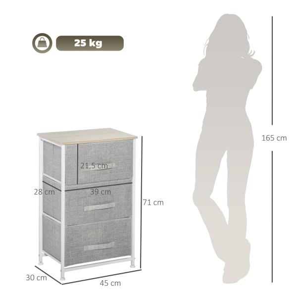 Mesa de Cabeceira com 3 Gavetas de Tecido para Dormitório Sala de Estar Corredor 45x30x71 cm Cinza e Branco